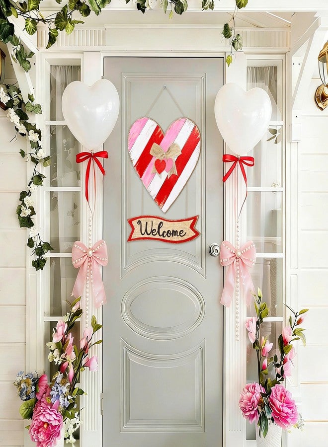 CIOEY Valentines Day Door Sign, Red Pink White Heart Wooden Sign，Valentines Hanging Wreath Welcome Wood Sign for Front Door, Home, Porch, Farmhouse, Heart Sign with Ribbon - Image 3