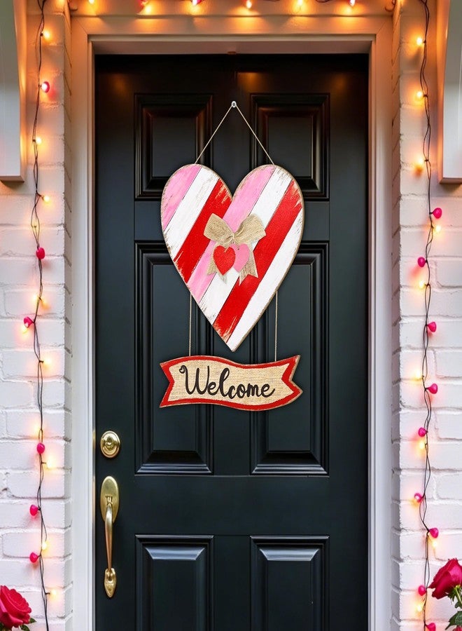 CIOEY Valentines Day Door Sign, Red Pink White Heart Wooden Sign，Valentines Hanging Wreath Welcome Wood Sign for Front Door, Home, Porch, Farmhouse, Heart Sign with Ribbon - Image 4