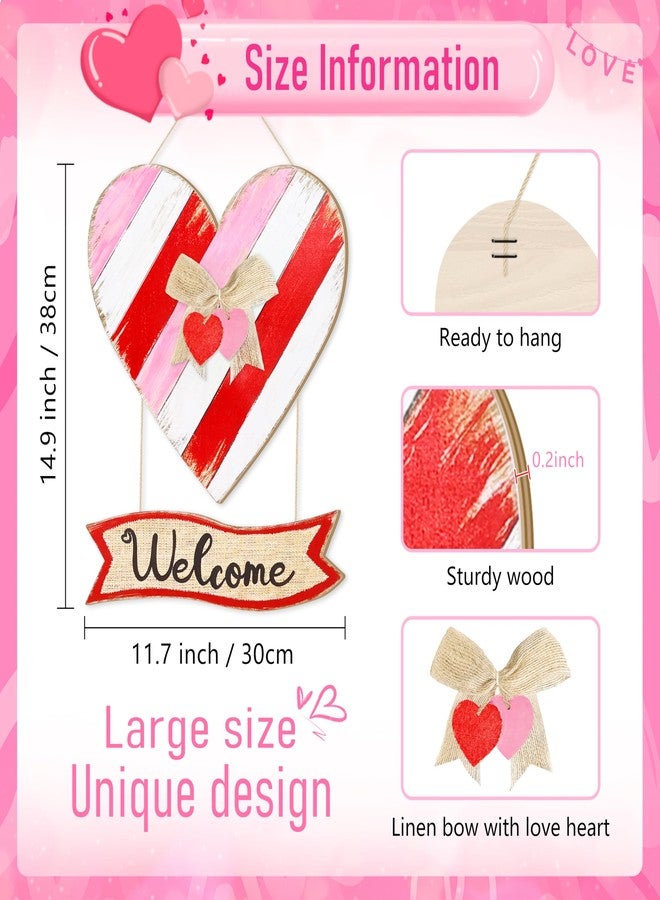 CIOEY Valentines Day Door Sign, Red Pink White Heart Wooden Sign，Valentines Hanging Wreath Welcome Wood Sign for Front Door, Home, Porch, Farmhouse, Heart Sign with Ribbon - Image 2