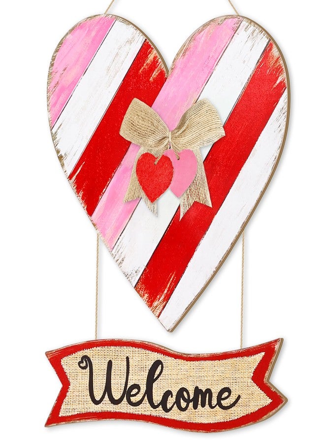CIOEY Valentines Day Door Sign, Red Pink White Heart Wooden Sign，Valentines Hanging Wreath Welcome Wood Sign for Front Door, Home, Porch, Farmhouse, Heart Sign with Ribbon - Image 1