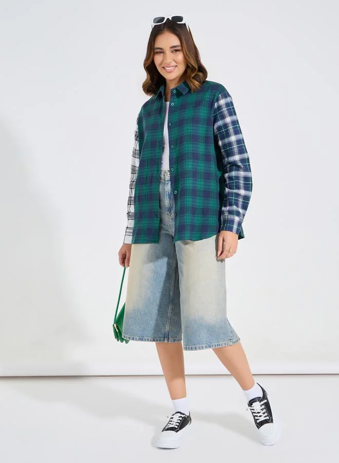Styli Contrast Checked Oversized Shirt with Back Print