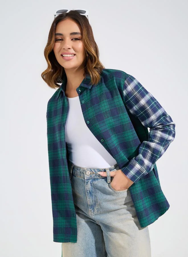 Styli Contrast Checked Oversized Shirt with Back Print