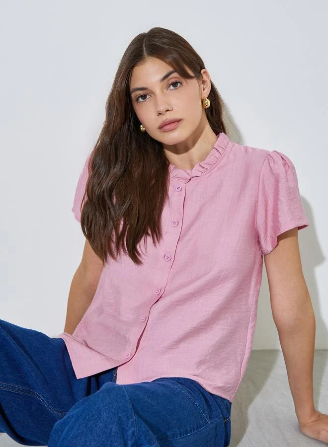 ستايلي Pink Solid Ruffle Trim Button Front Blouse