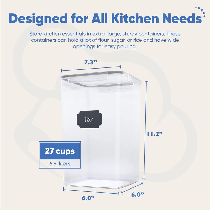 Chef's Path Extra Large Tall Airtight Food Storage Containers, Set of 4, Airtight Food Storage for Flour, Sugar, Rice, Includes Measuring Scoops, Pen, and Labels, 7qt, 220Oz, 6.5L, Transparent - Image 4