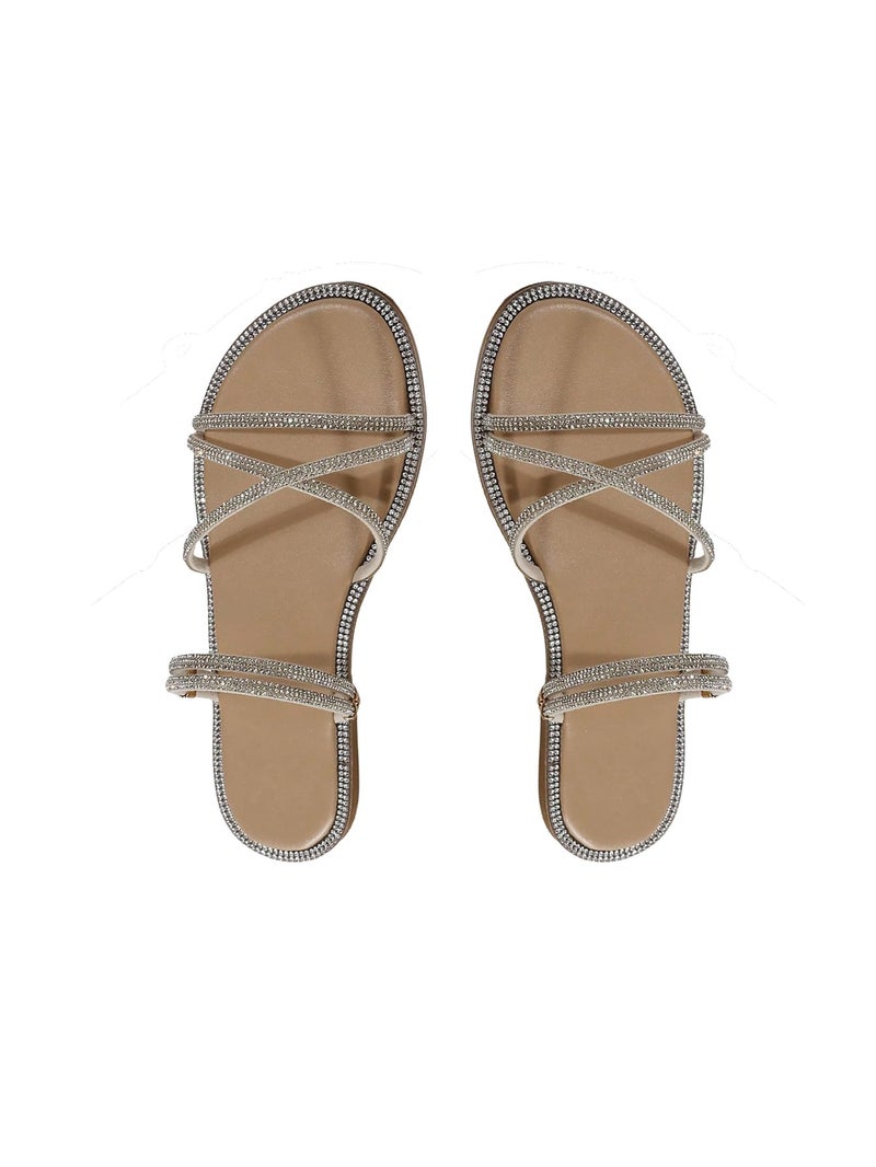 OYOANGLE Women's Rhinestone Strappy Open Toe Slide Sandals Slip on Casual Flat Sandals Apricot CN40 - Image 1