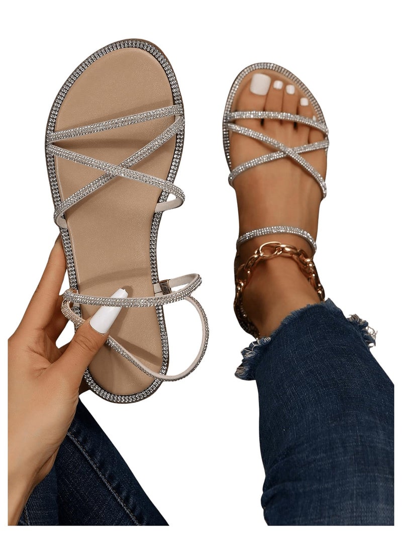 OYOANGLE Women's Rhinestone Strappy Open Toe Slide Sandals Slip on Casual Flat Sandals Apricot CN40 - Image 4