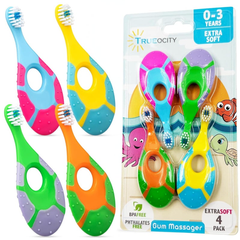 Trueocity Baby Toothbrush 12 months and up - Toddler Toothbrush - Soft Bristles - Child Sized Brush Heads - infant toothbrush - Kids Tooth Brush - Easy Storage - Unisex Girl & Boy Set (4-Pack, Multi-Color) - Image 1