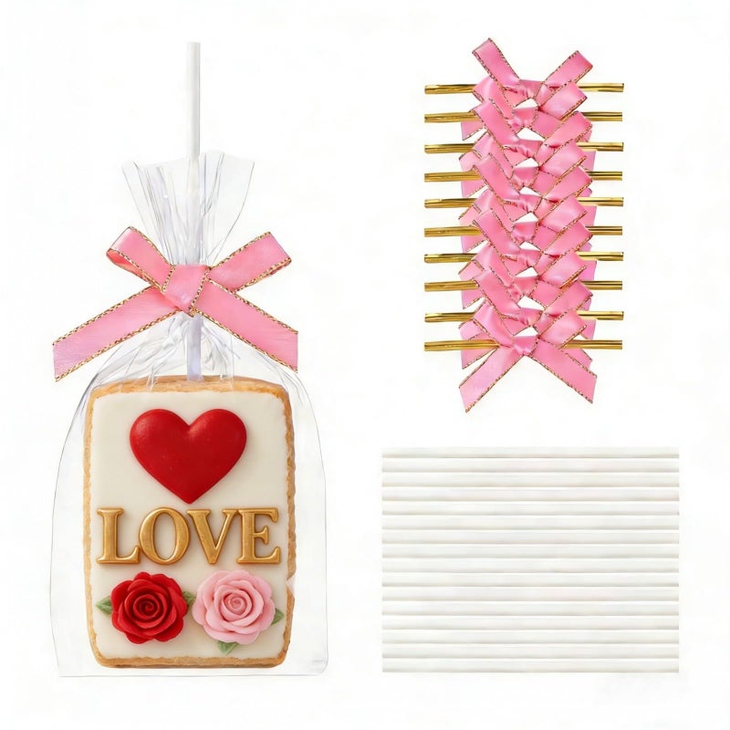 JCXGRVC 50pcs 4x6Inches Clear Rice Krispie Treat Bags with Sticks and Ties Bows Rice Kit Cakesicle Bags Individually Wrapped Packaging for Marshmallow Mcaron Pop Candy Apple Cookies Cake Ore Pop - Image 1