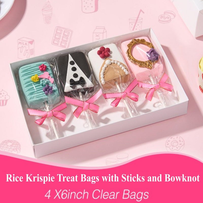 JCXGRVC 50pcs 4x6Inches Clear Rice Krispie Treat Bags with Sticks and Ties Bows Rice Kit Cakesicle Bags Individually Wrapped Packaging for Marshmallow Mcaron Pop Candy Apple Cookies Cake Ore Pop - Image 5