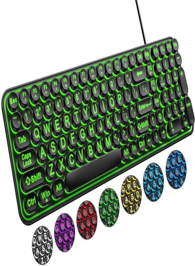 QUASIO Large Print Backlit Keyboard, Quiet Wired USB Lighted Computer Keyboards with 7-Color Backlit, Oversized Print Letters, Typewriter Keyboard with Retro Round Keycaps for Windows PC, Laptop - Image 1