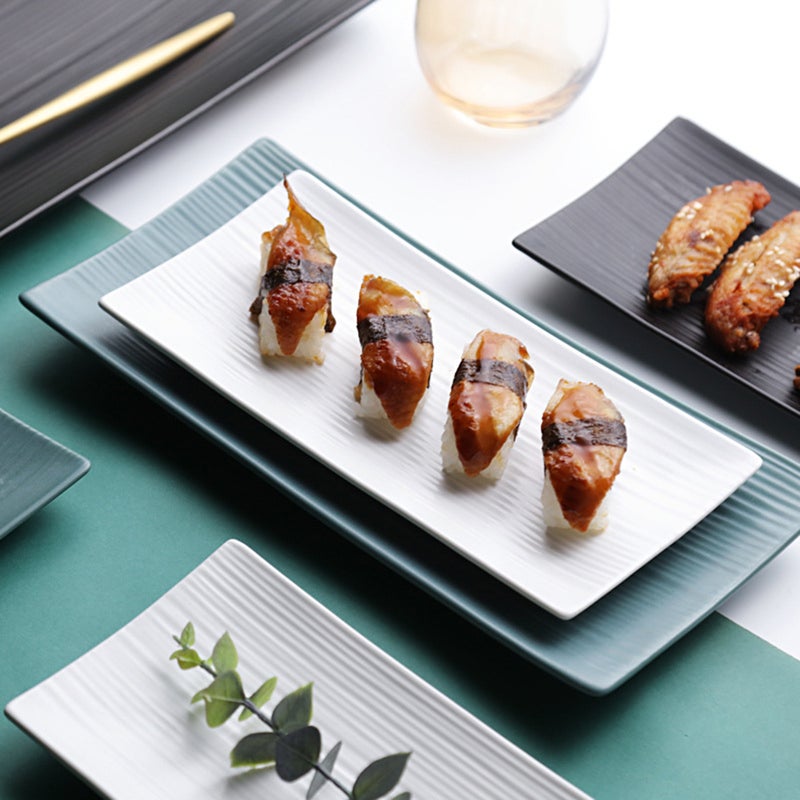 2pcs Rectangular Ceramic Loaf Pan for Steak and Sushi Western Food Dishes Bread Loaf Pan Steak Pan (10inch Striola, White) - Image 1