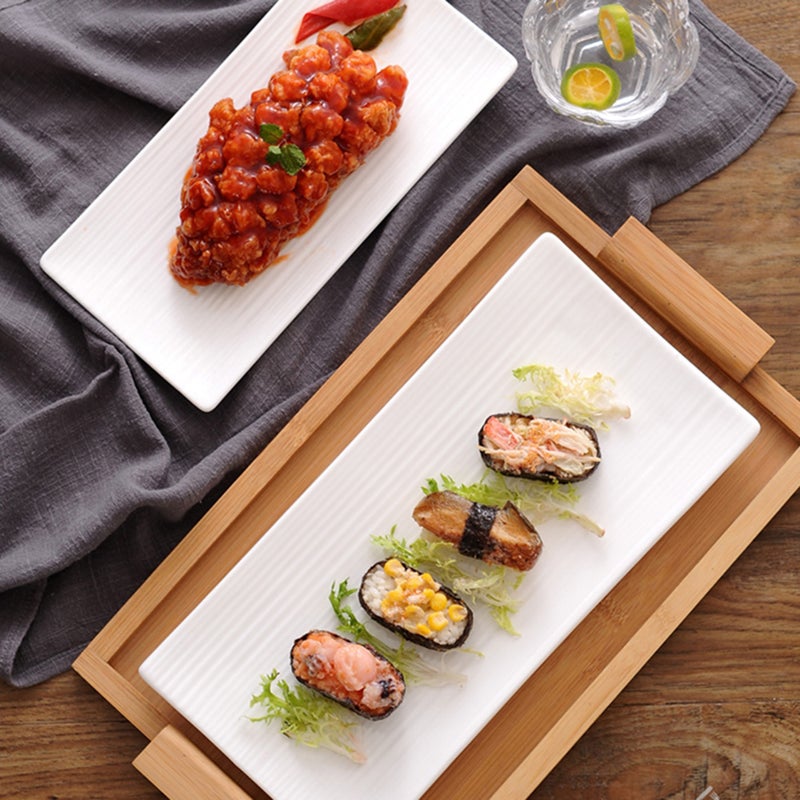 2pcs Rectangular Ceramic Loaf Pan for Steak and Sushi Western Food Dishes Bread Loaf Pan Steak Pan (10inch Striola, White) - Image 4