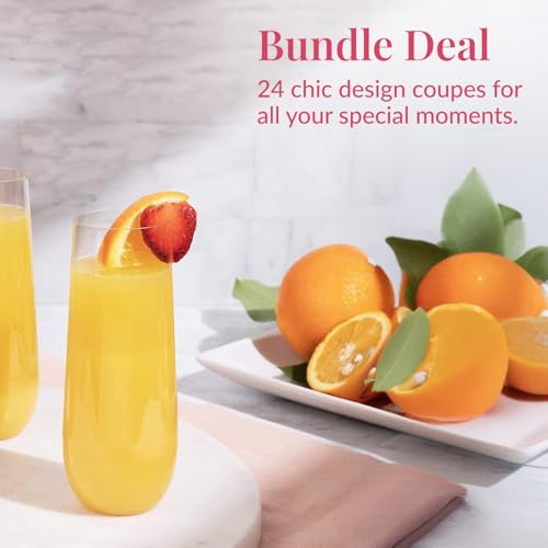 Prestee 24 Plastic Champagne Flutes - 9oz Heavy Duty Stemless Champagne Glasses for Parties - Disposable Clear Plastic Toasting Glasses, Mimosa Glass for New Year’s Eve Party Supplies - Image 4