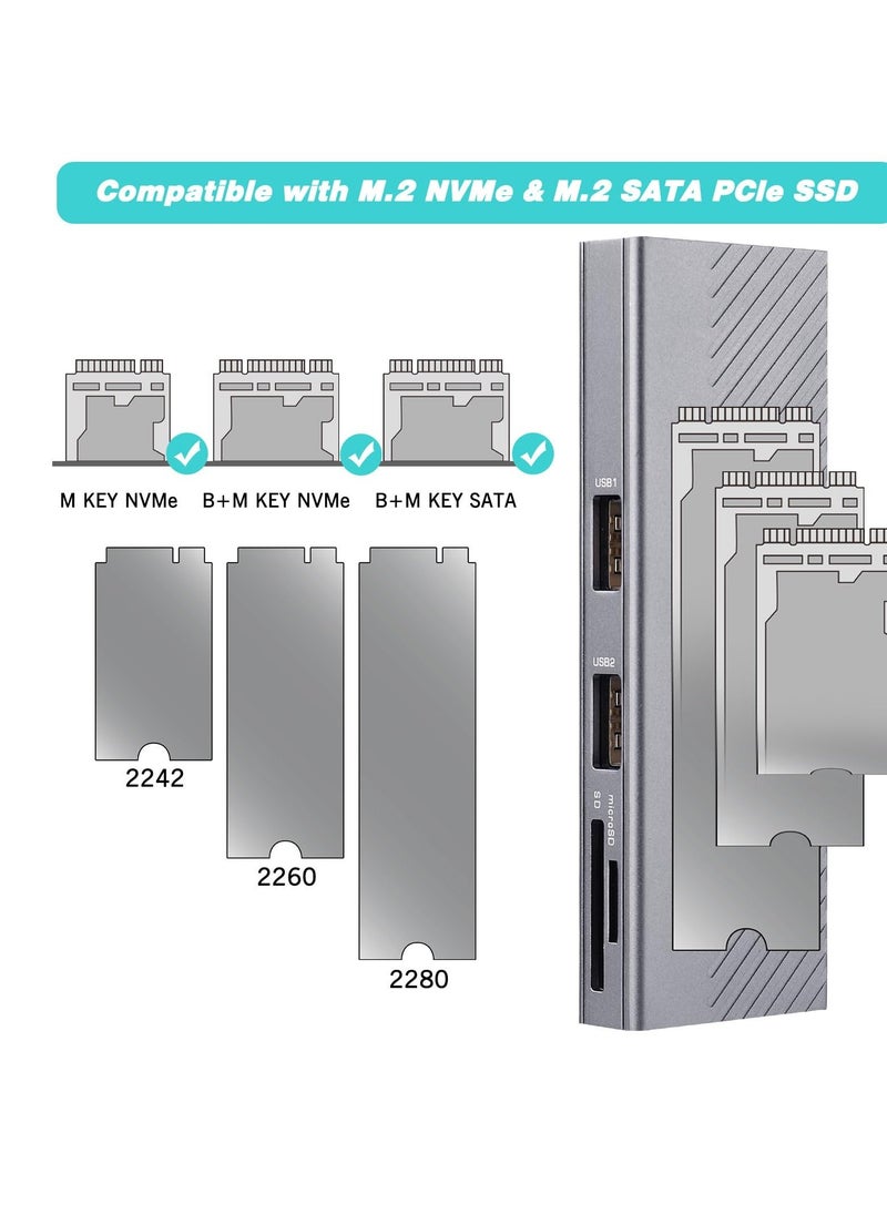 Generic - NVMe Enclosure, Suspendable FARBOKO M.2 Enclosure USB3.2/ USB3.1 Gen2 10Gbps with 2 USB2.0 Ports & SD/TF Card Reader for M.2 NVMe/SATA SSD in 2242/2260/2280 - Image 1