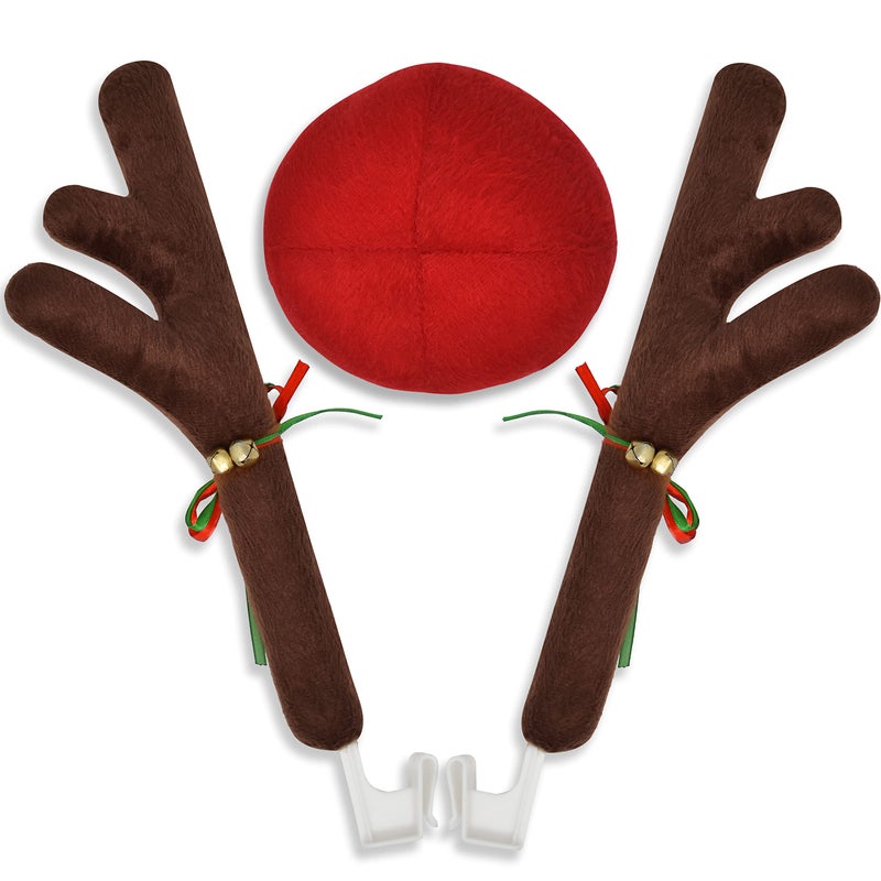 EcoNour Car Reindeer Antlers for Christmas Xmas Car Decoration Kit with Reindeer Antler Jingle Bells Nose Rudolph Car Kit as Christmas Car Setup and Holiday Accessories Decoration