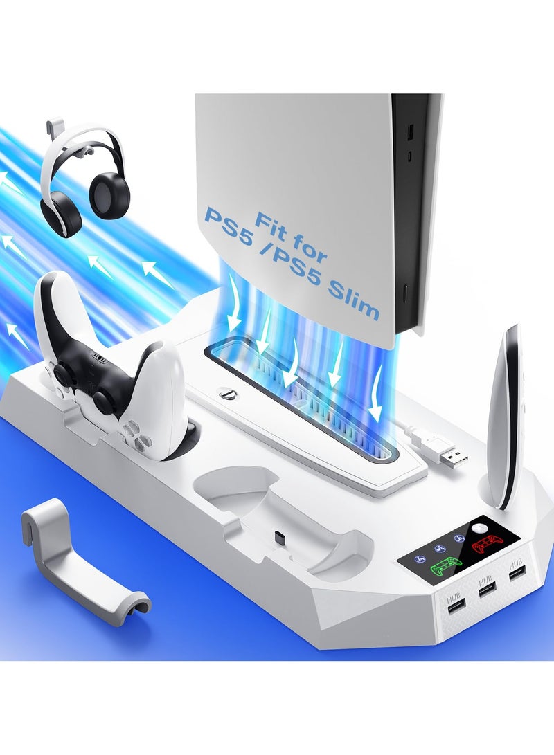 Joshberg Cooling Station for PS5 & PS5 Slim Console Disc/Digital Edition, Stand Compatible with PlayStation 5, Charging Station with Dual Controller Charger, 3 Levels Cooling Fan, 3 USB Hubs & Headset Holder - Image 1