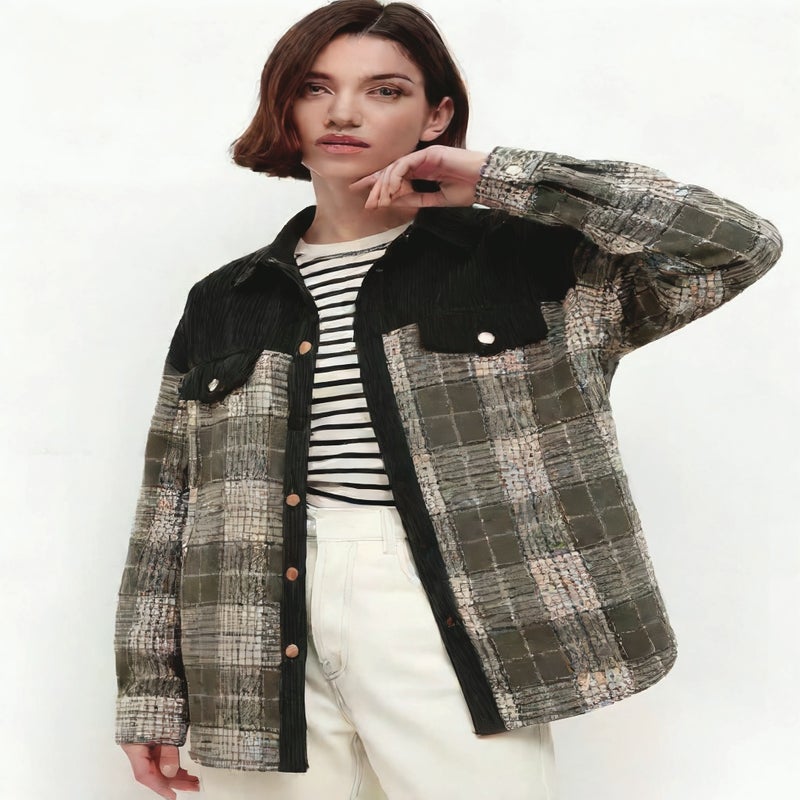 Women's Corduroy Jacket Plaid Contrast Long Sleeve Top - Image 5