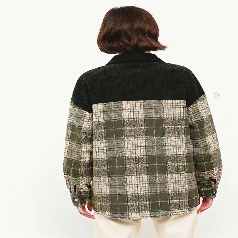 Women's Corduroy Jacket Plaid Contrast Long Sleeve Top - Image 2