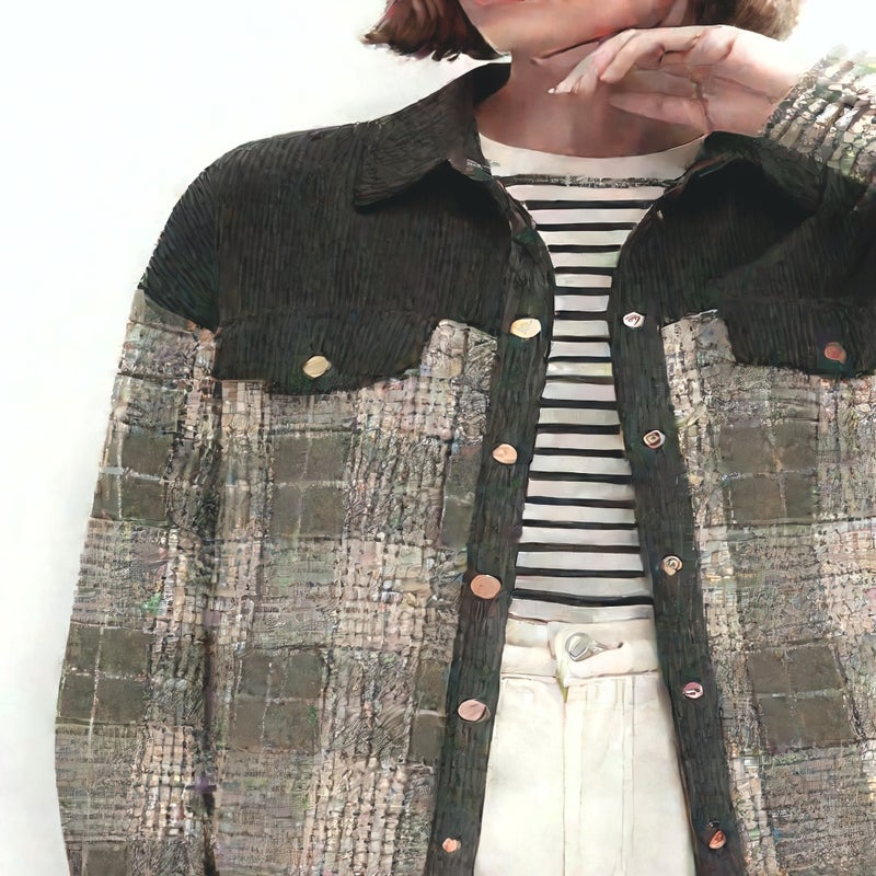 Women's Corduroy Jacket Plaid Contrast Long Sleeve Top - Image 3