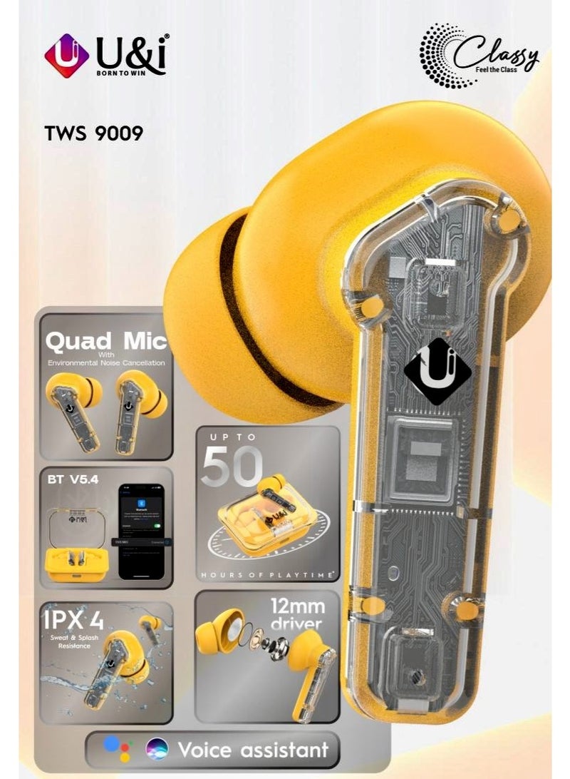 يو اند اي سماعات أذن لاسلكية يو آند آي TWS 9009 - أصفر، ميكروفون رباعي بخاصية عزل الضوضاء، 50 ساعة تشغيل، بلوتوث 5.4، مقاومة للماء IPX4، مشغل 12 ملم - Image 2