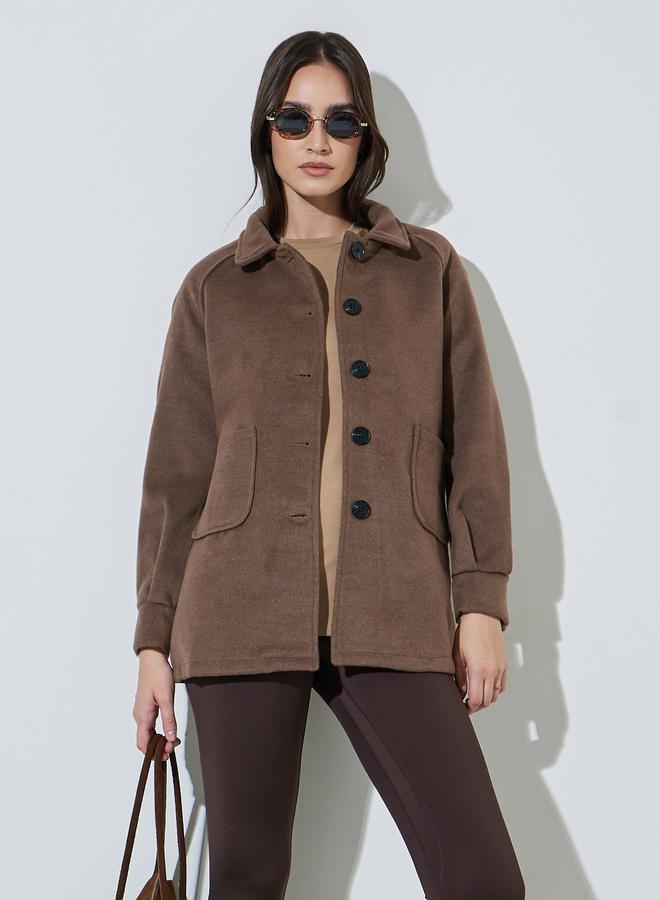 Styli Brown Longline Button-Front Coat - Image 1