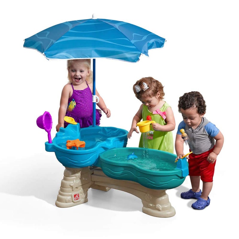 Step2 Step 2 Spill & Splash Seaway Water Table for Kids, Two-Tier Outdoor Kids Water Sensory Table with Umbrella, Ages 1.5+ Years Old, 11 Piece Water Toy Accessories - Image 1