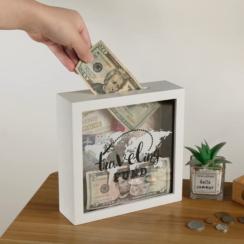 UMICAL 8x8 Travel Fund White Shadow Box Frame Decorative Money Saving Box with Slot Wooden Display Case for Wall and Tabletop Wedding and Travel Gift Ideas for Travelers - Image 2
