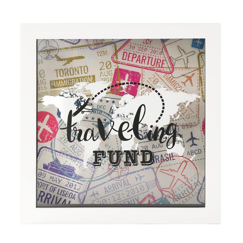 UMICAL 8x8 Travel Fund White Shadow Box Frame Decorative Money Saving Box with Slot Wooden Display Case for Wall and Tabletop Wedding and Travel Gift Ideas for Travelers - Image 1