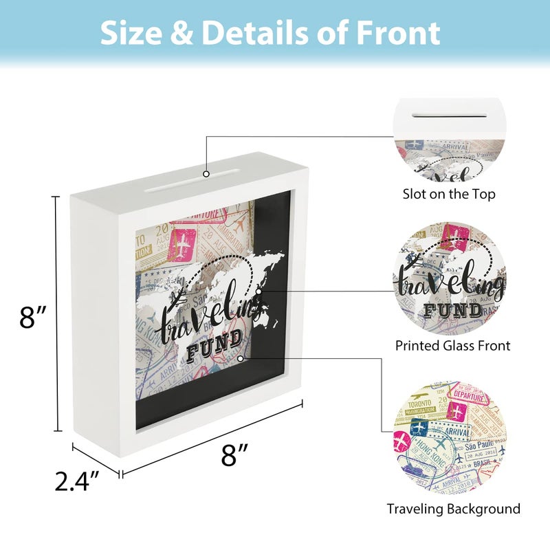 UMICAL 8x8 Travel Fund White Shadow Box Frame Decorative Money Saving Box with Slot Wooden Display Case for Wall and Tabletop Wedding and Travel Gift Ideas for Travelers - Image 5