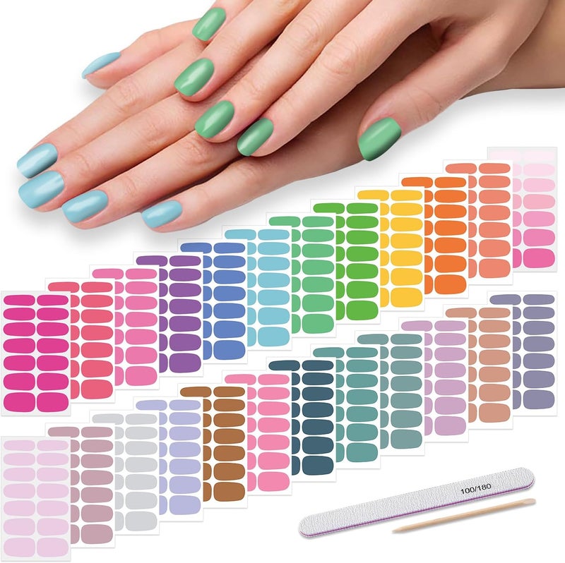 DANNEASY 24 Sheets Light Color Nail Polish Stickers Full Nail Wraps for Women Young Girl Self Adhesive Nail Polish Strips Gel Fingernail Sticker Nails with Nail File, Cuticle Stick