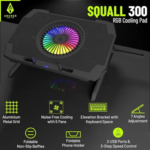 Archer Tech Lab RGB Gaming Laptop Cooling Pad Stand with Aluminum Metal Grid, 5 Turbo Fans Dual USB Ports 7 Adjustable Angles Elevation Bracket & Phone Holder, Supports Up to 17" Laptop (Squall 300) - Image 3