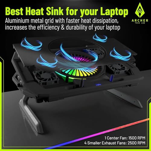 Archer Tech Lab RGB Gaming Laptop Cooling Pad Stand with Aluminum Metal Grid, 5 Turbo Fans Dual USB Ports 7 Adjustable Angles Elevation Bracket & Phone Holder, Supports Up to 17" Laptop (Squall 300) - Image 5