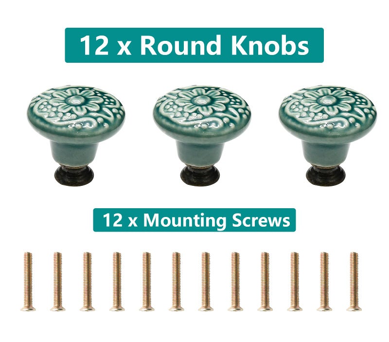Seimneire 12pcs Green Cabinet Knobs, Retro Ceramic Dresser Knobs, 34mm / 1.3" Drawer Knobs Door Knobs Drawer Pulls Dresser Handles with Mounting Screws - Image 2