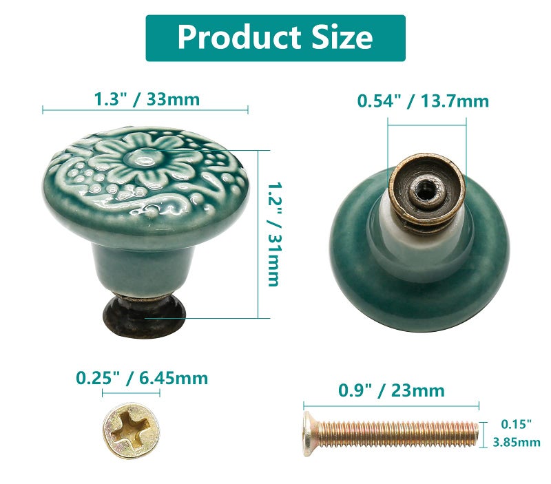 Seimneire 12pcs Green Cabinet Knobs, Retro Ceramic Dresser Knobs, 34mm / 1.3" Drawer Knobs Door Knobs Drawer Pulls Dresser Handles with Mounting Screws - Image 5
