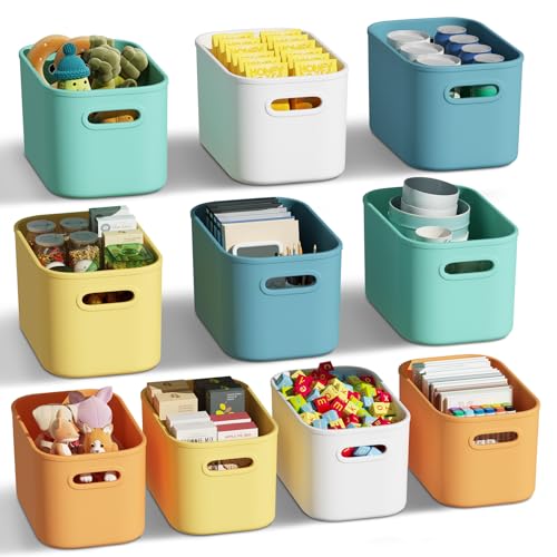 ORGIDOL 10 Pack Colorful Plastic Storage Bins, Storage Container for Organizing, Colored Storage Boxes with Handle for Shelves, Cute Organizer Bins for Craft, Snacks, Cabinet, 9.69x6.7x5.7 inch - Image 1