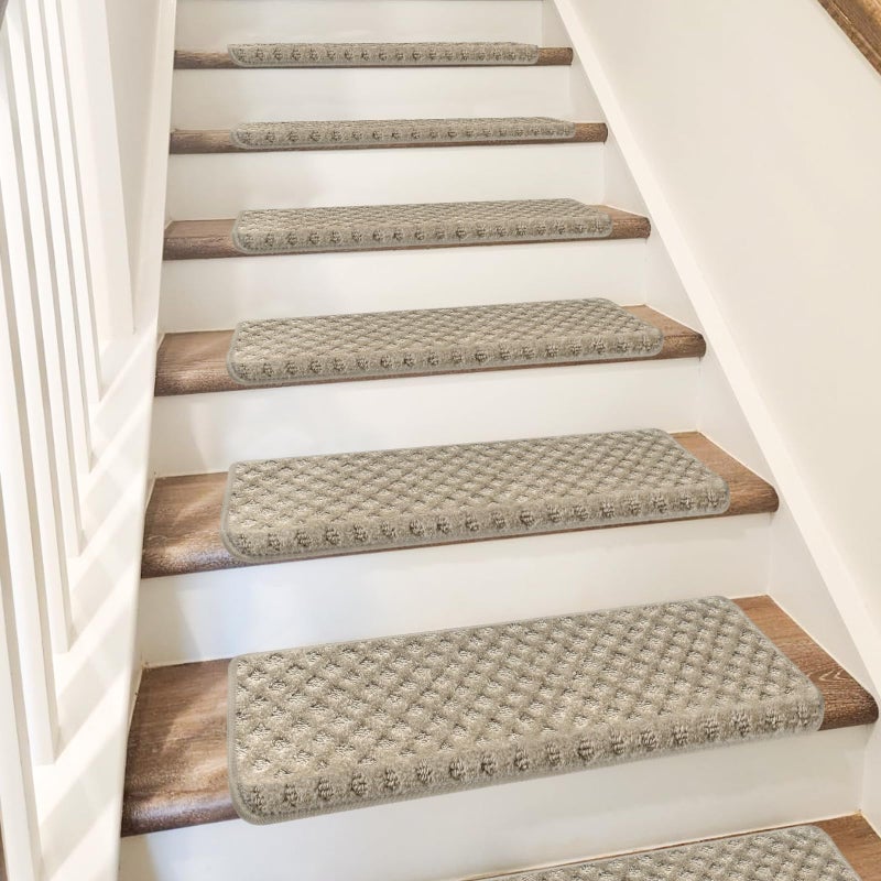 PURE ERA Bullnose Carpet Stair Treads Tape Free Non-Slip Indoor Stair Protectors Pet Friendly Stair Treads for Wooden Steps 9.5" x 30"(14 Pieces,Cream Gray Mini-Diamond Trellis) - Image 2