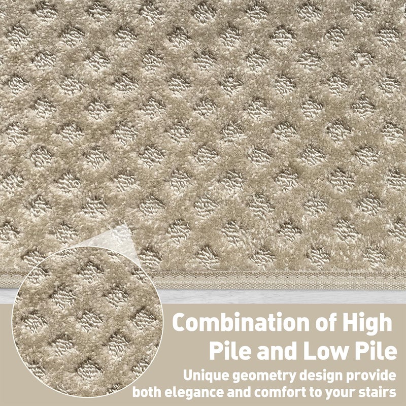 PURE ERA Bullnose Carpet Stair Treads Tape Free Non-Slip Indoor Stair Protectors Pet Friendly Stair Treads for Wooden Steps 9.5" x 30"(14 Pieces,Cream Gray Mini-Diamond Trellis) - Image 4