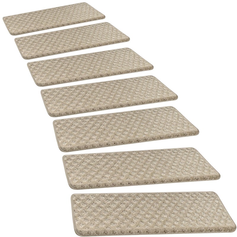 PURE ERA Bullnose Carpet Stair Treads Tape Free Non-Slip Indoor Stair Protectors Pet Friendly Stair Treads for Wooden Steps 9.5" x 30"(14 Pieces,Cream Gray Mini-Diamond Trellis) - Image 1