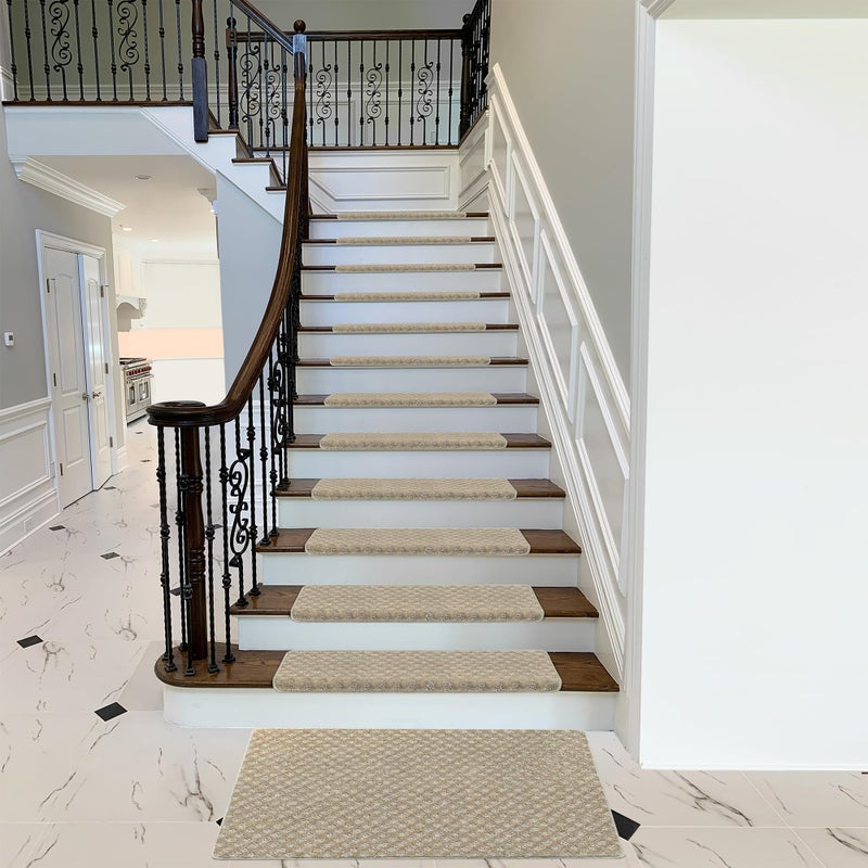 PURE ERA Bullnose Carpet Stair Treads Tape Free Non-Slip Indoor Stair Protectors Pet Friendly Stair Treads for Wooden Steps 9.5" x 30"(14 Pieces,Cream Gray Mini-Diamond Trellis) - Image 3