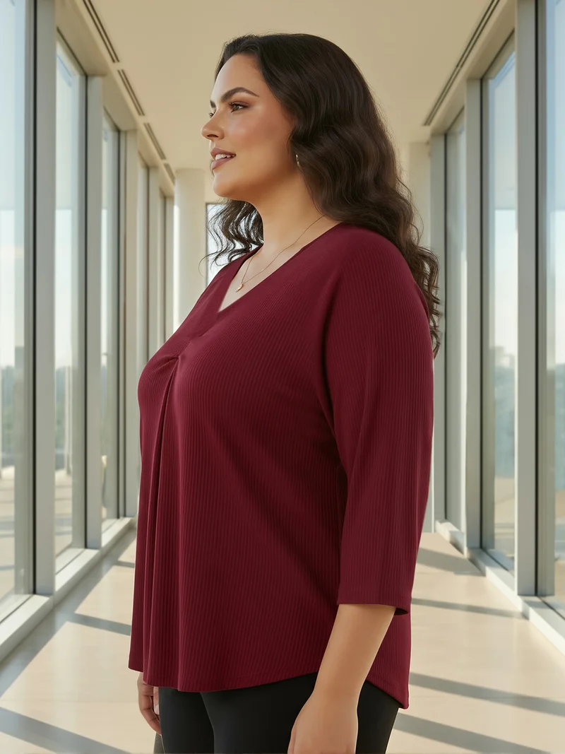 جلو باص بلوزة نسائية جلوبلس مارون بياقة على شكل حرف  وتصميم ذاتي وحافة منحنية مقاس كبير للعمل