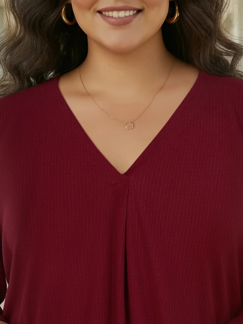 globus Globus Gloplus Women Maroon V-Neck Self Design Curved Hem Plus Size Workwear Top