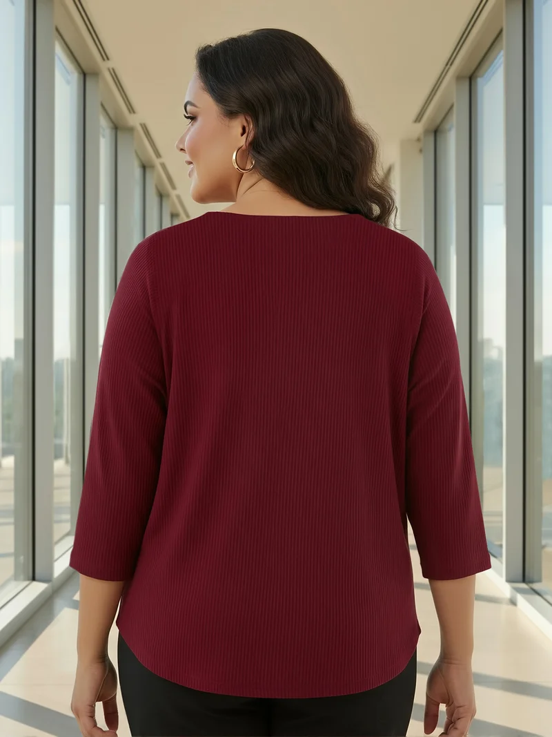 globus Globus Gloplus Women Maroon V-Neck Self Design Curved Hem Plus Size Workwear Top