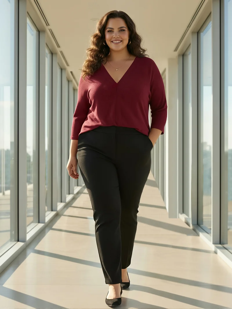 globus Globus Gloplus Women Maroon V-Neck Self Design Curved Hem Plus Size Workwear Top