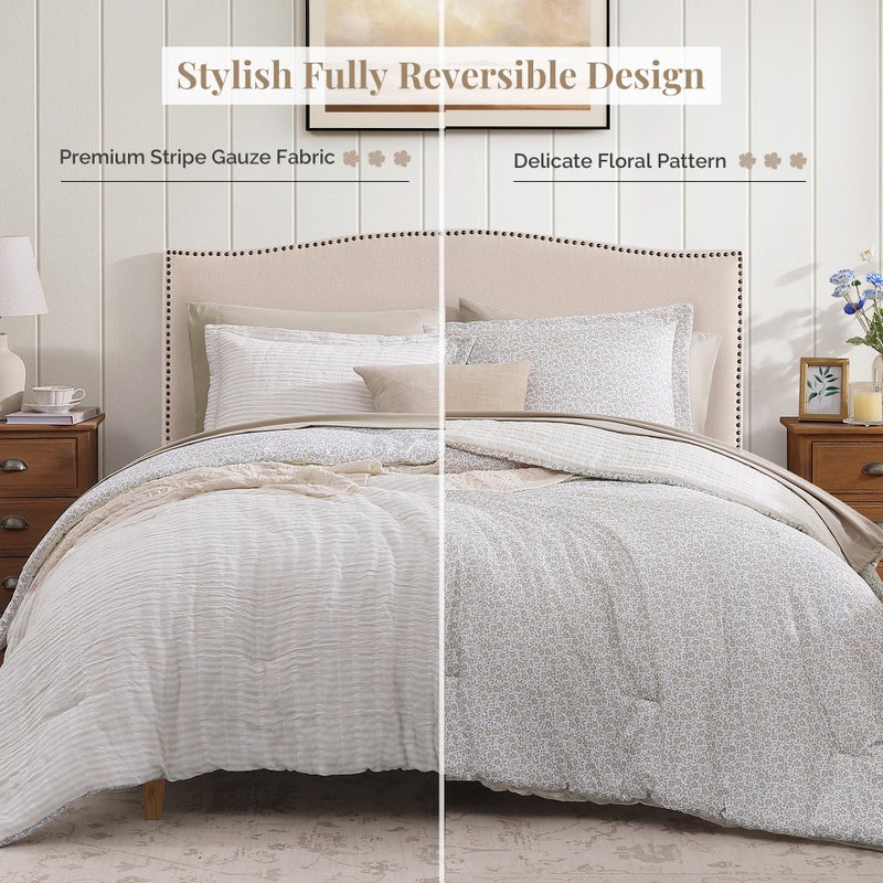 BLOOMHAVEN Queen Comforter Set - 7 Pieces Beige Gauze Muslin Bedding Sets for All Seasons, Lightweight Breathable Bed in a Bag Queen with Revesible Farmhouse Comforter, Sheets, Pillowcases & Shams - Image 2