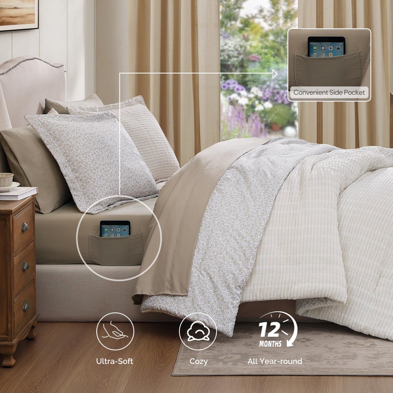 BLOOMHAVEN Queen Comforter Set - 7 Pieces Beige Gauze Muslin Bedding Sets for All Seasons, Lightweight Breathable Bed in a Bag Queen with Revesible Farmhouse Comforter, Sheets, Pillowcases & Shams - Image 5
