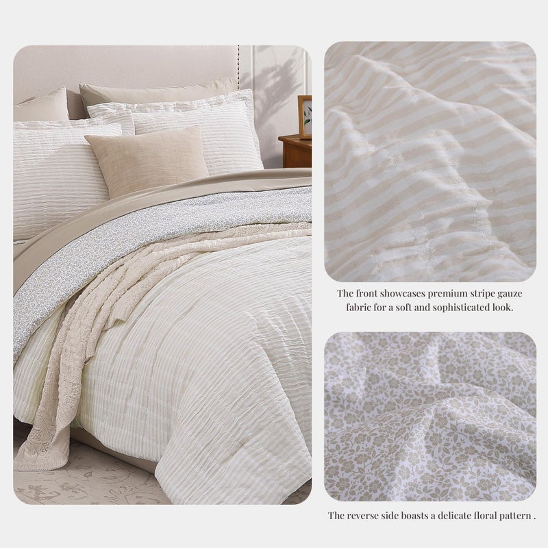 BLOOMHAVEN Queen Comforter Set - 7 Pieces Beige Gauze Muslin Bedding Sets for All Seasons, Lightweight Breathable Bed in a Bag Queen with Revesible Farmhouse Comforter, Sheets, Pillowcases & Shams - Image 3