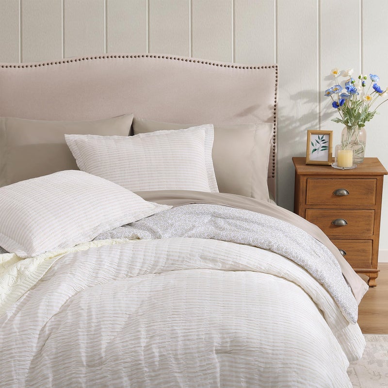 BLOOMHAVEN Queen Comforter Set - 7 Pieces Beige Gauze Muslin Bedding Sets for All Seasons, Lightweight Breathable Bed in a Bag Queen with Revesible Farmhouse Comforter, Sheets, Pillowcases & Shams - Image 4