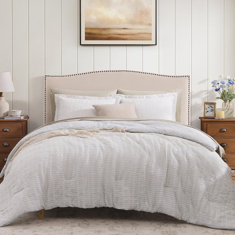 BLOOMHAVEN Queen Comforter Set - 7 Pieces Beige Gauze Muslin Bedding Sets for All Seasons, Lightweight Breathable Bed in a Bag Queen with Revesible Farmhouse Comforter, Sheets, Pillowcases & Shams - Image 1