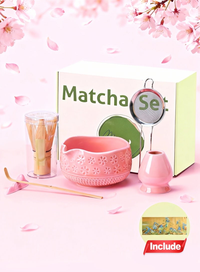 Chillspace 7-piece Japanese Matcha Set Kit for Tea & Coffee Essentials - Ceramic Matcha Whisk, Bamboo Scoop, Sifter & Full Accessories, Ideal Matcha Ceremony Kit for Kitchen & Dining, 100% Natural Gift (Pink) - Image 1
