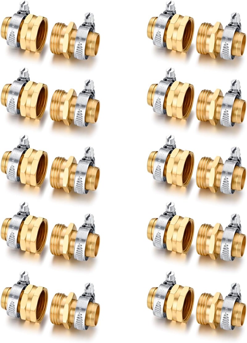 YELUN Garden Solid brass Hose Repair Connector with Clamps,Fit for Garden Hose Fitting,Male and Female Hose Fittings 10 Set (3/4"-10 Set) - Image 1